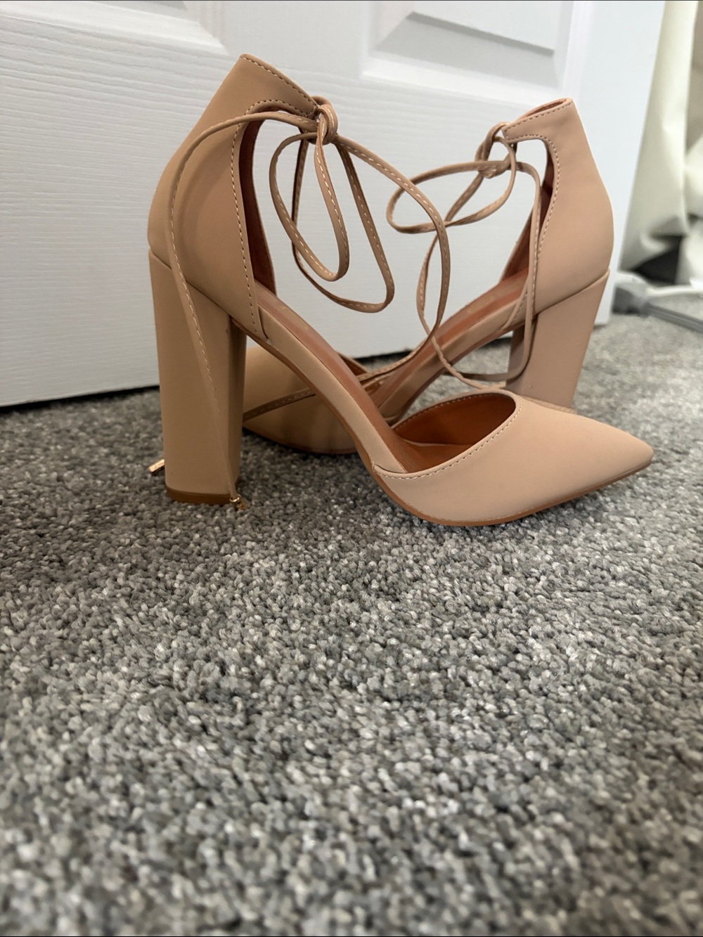 Ankle Tie Pointed Block Heel Pumps - Blush